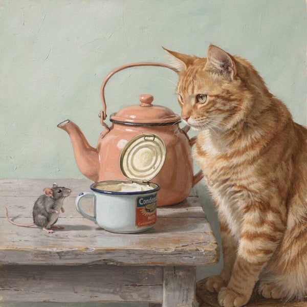 Samen aan tafel – kat, muis en emaillen mok nostalgisch schilderij