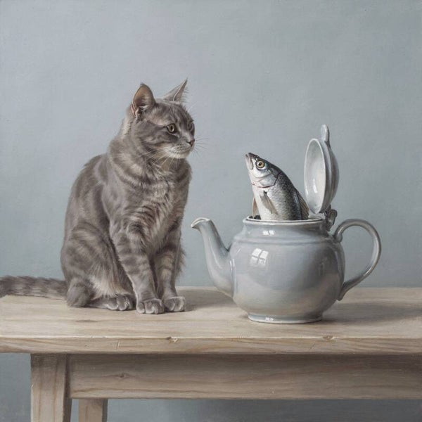 Even kijken – kat en vis in theepot nostalgisch schilderij