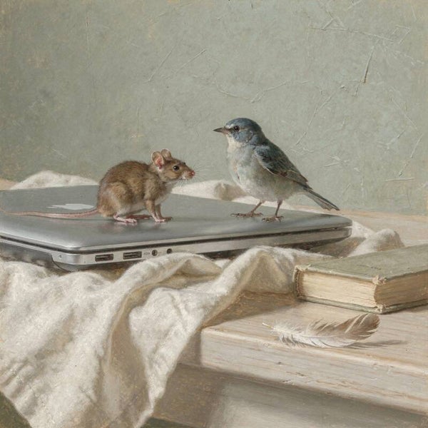 Tussen twee werelden – muis en vogel op gesloten laptop nostalgisch schilderij