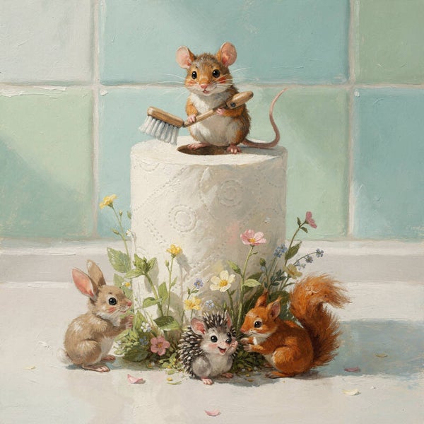 Badkamerassistent – Schilderij Muisje op WC-rol – Pastel & Wit – Nostalgisch Stilleven