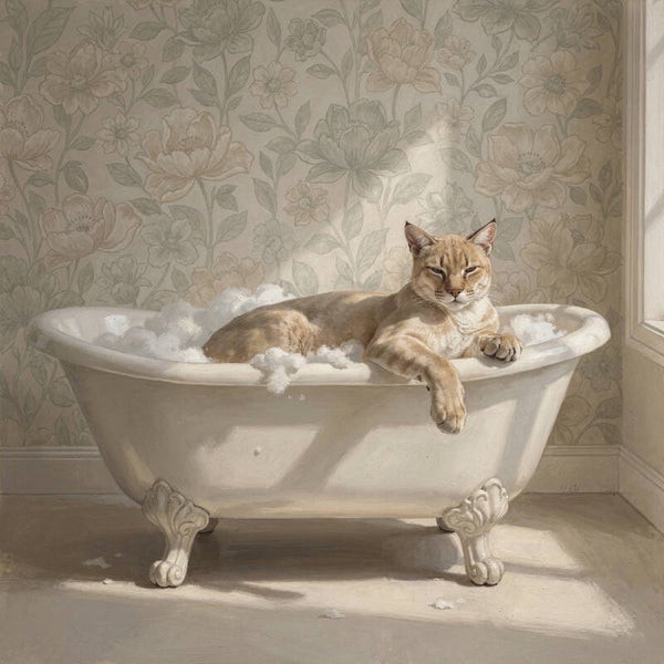Koninklijk Bad – Schilderij Wilde Kat in Badkuip – Beige & Crème – Nostalgisch Portret