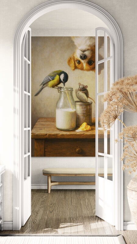 Landelijk schilderij met vogel, hond en muis bij melkfles