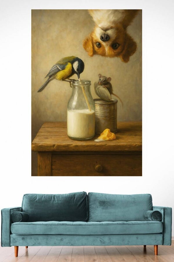 Ochtendgasten – Vogel, muis en hond bij melkfles | schilderij