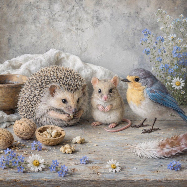 Notenvrienden – landelijk schilderij met egel, muis en vogel