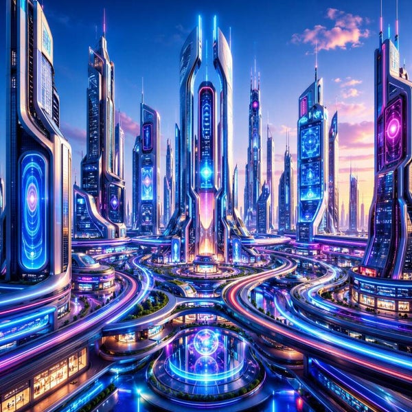 Nova City – kleurrijke futuristische wereldstad schilderij