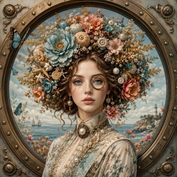 Ocean Blossom – Vrouw schilderij met bloemenkroon en zeethema