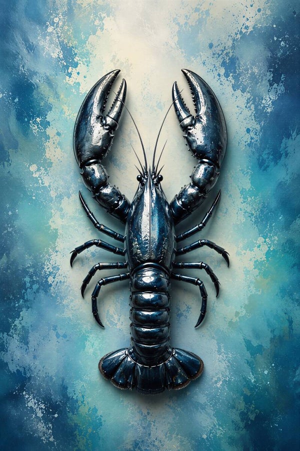 Ocean Blue Lobster – blauwe kreeft schilderij met abstracte zee achtergrond