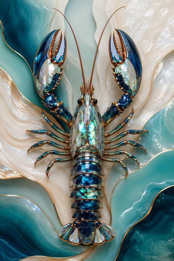 Ocean Pearl – luxe kreeft wanddecoratie in parelmoer, turquoise en goud