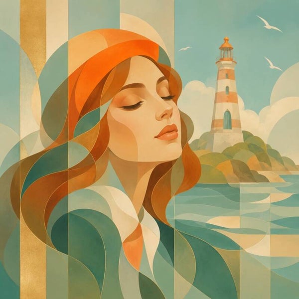 Ocean Whisper – abstract vrouw schilderij met vuurtoren en zee