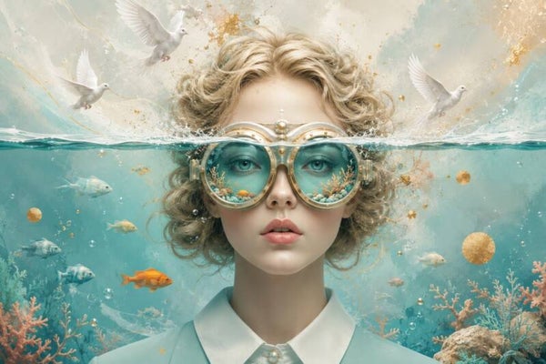 Ocean Whisper – schilderij vrouw met duifjes en onderwaterwereld