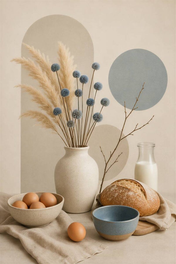 Ochtend op Tafel – landelijk keuken schilderij brood eieren bloemen blauw beige
