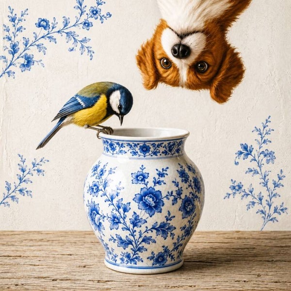 Ochtendgasten in Delfts Blauw – Hond en Koolmees Schilderij