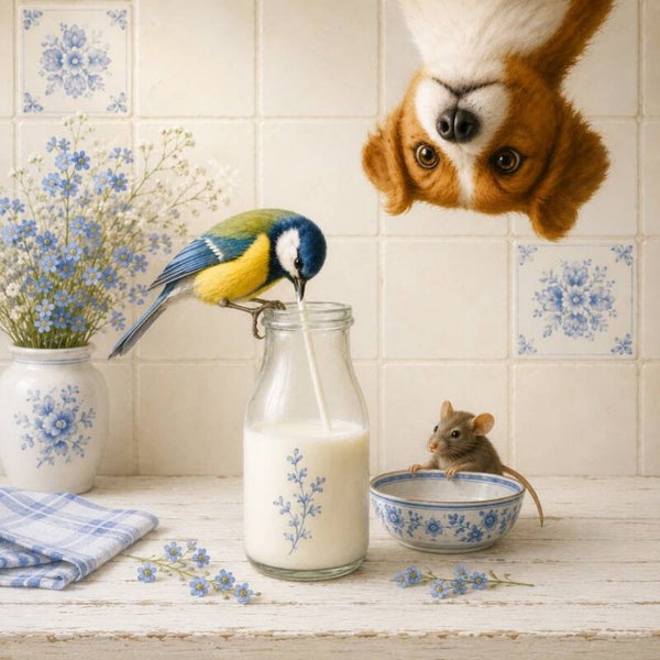 Ochtendgasten in Delfts Blauwe Keuken – hond, vogel en muis bij melkfles schilderij