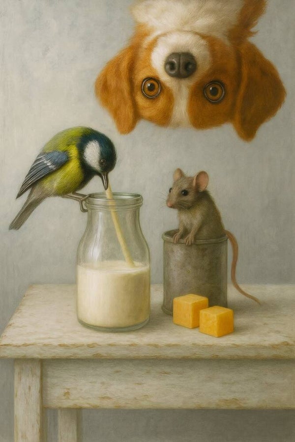 Ochtendgasten – Kalkwitte Editie – schilderij met koolmees, muis en hond bij melkfles
