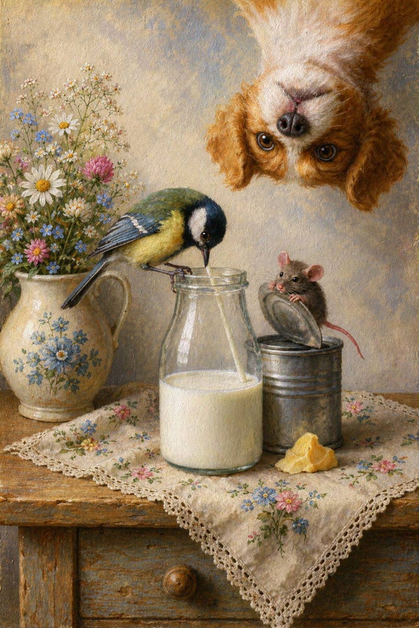 Ochtendgasten op Bezoek – hond, muis en koolmees schilderij