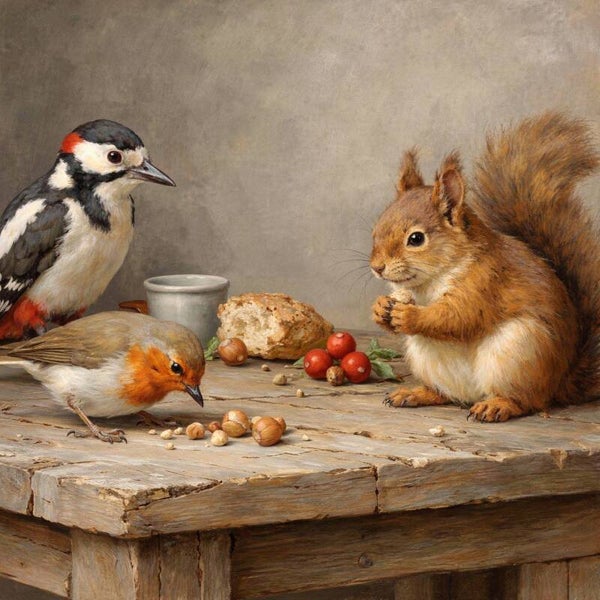 Ochtendgesprek – schilderij met eekhoorn, specht en roodborstje