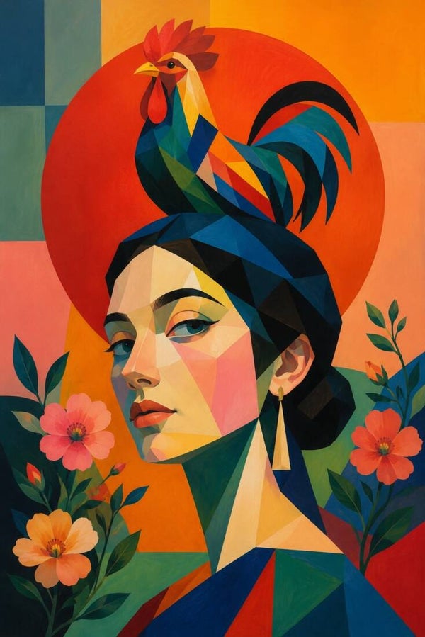Ochtendkoningin – abstract vrouw schilderij met haan en bloemen