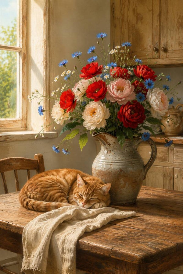 Ochtendlicht en Klaprozen – landelijk schilderij slapende kat bloemen keuken