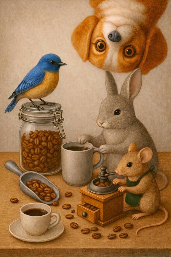 Ochtendritueel – schilderij koffiezetten met dieren