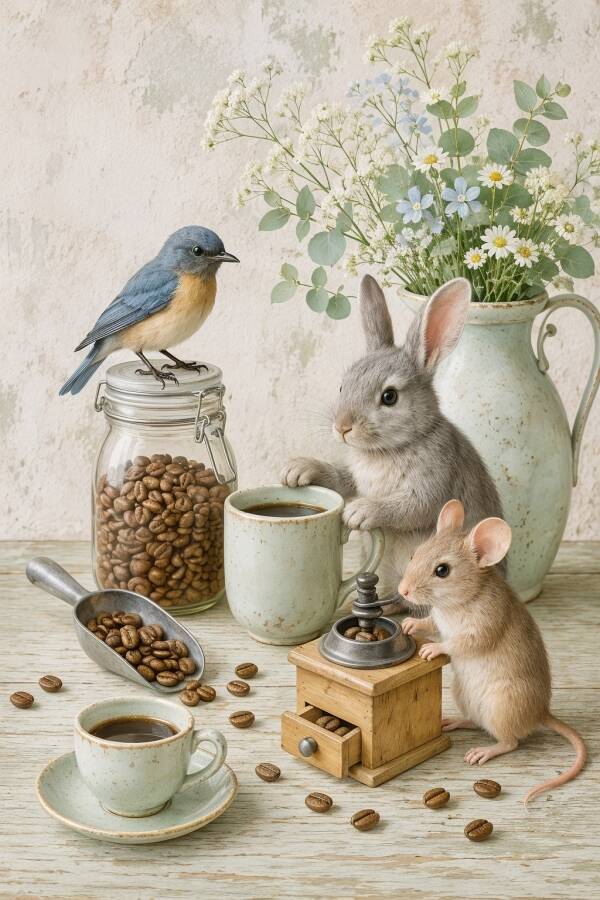 Ochtendritueel – schilderij met konijn, muis, vogel en koffiemolen