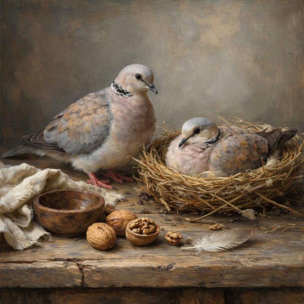 Ochtendstilte – schilderij tortelduiven bij het nest, landelijke notentafel