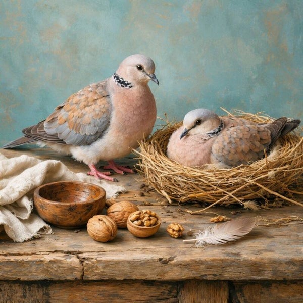 Ochtendstilte – schilderij tortelduiven bij het nest, landelijke notentafel