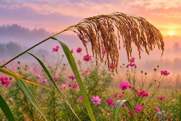 Ochtendzon over het Bloemenveld – rietpluim schilderij met roze bloemen