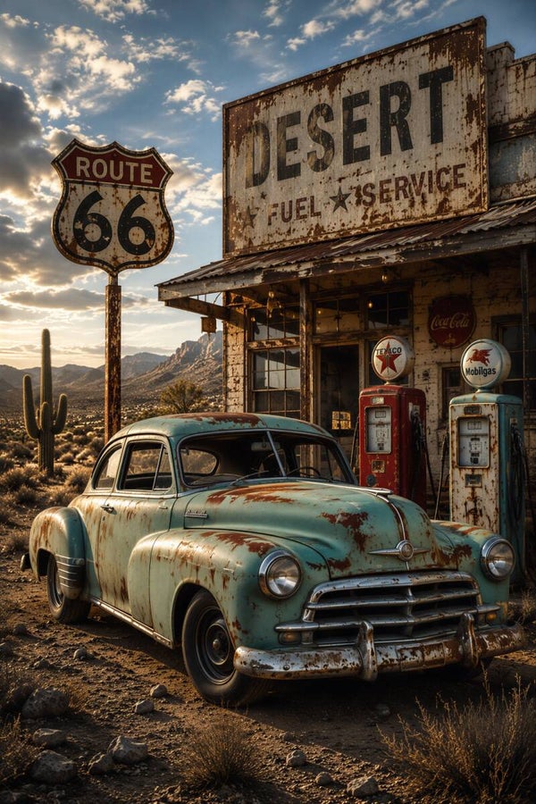 Laatste Stop – Route 66 schilderij met oldtimer en oud benzinestation