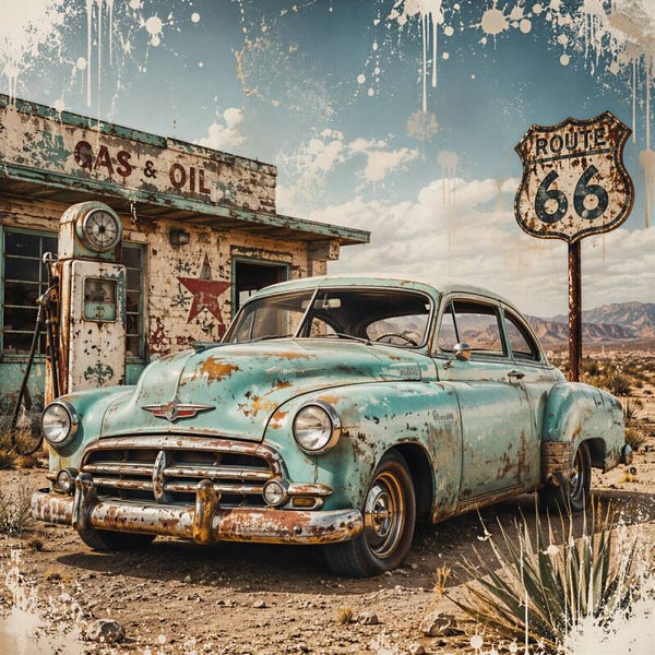 Turquoise Highway – Route 66 schilderij met oldtimer en benzinestation