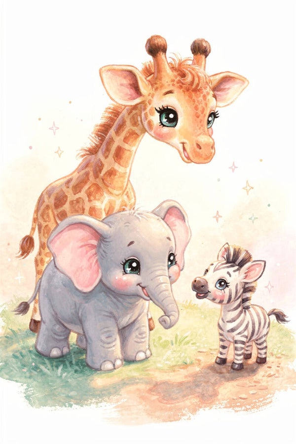 Olifant giraf zebra schilderij kinderkamer – Lieve safari dieren in zachte pasteltinten