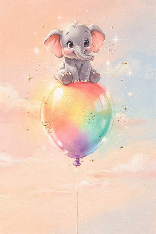 Baby olifant op regenboogballon – schilderij kinderkamer