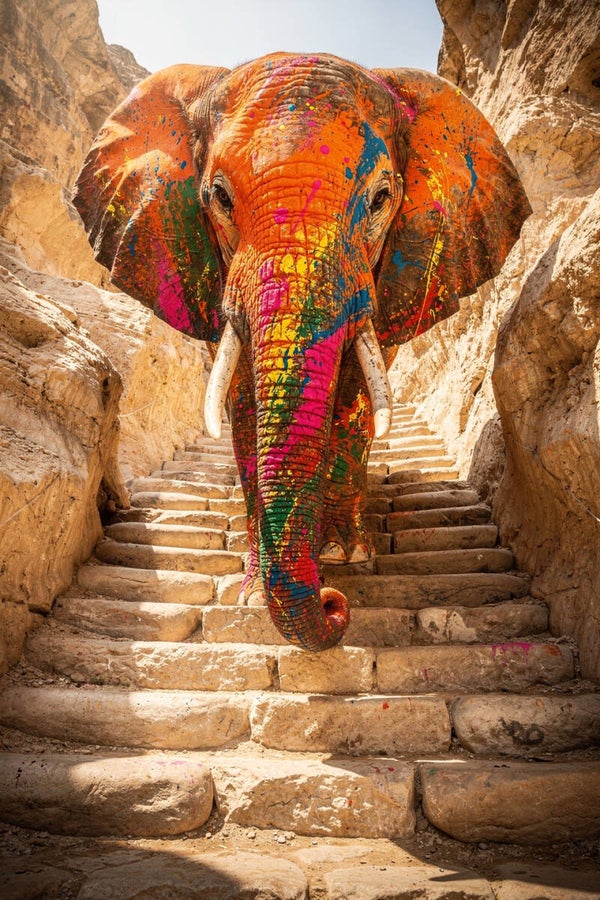 Color Giant – schilderij olifant met kleur in canyon op trap