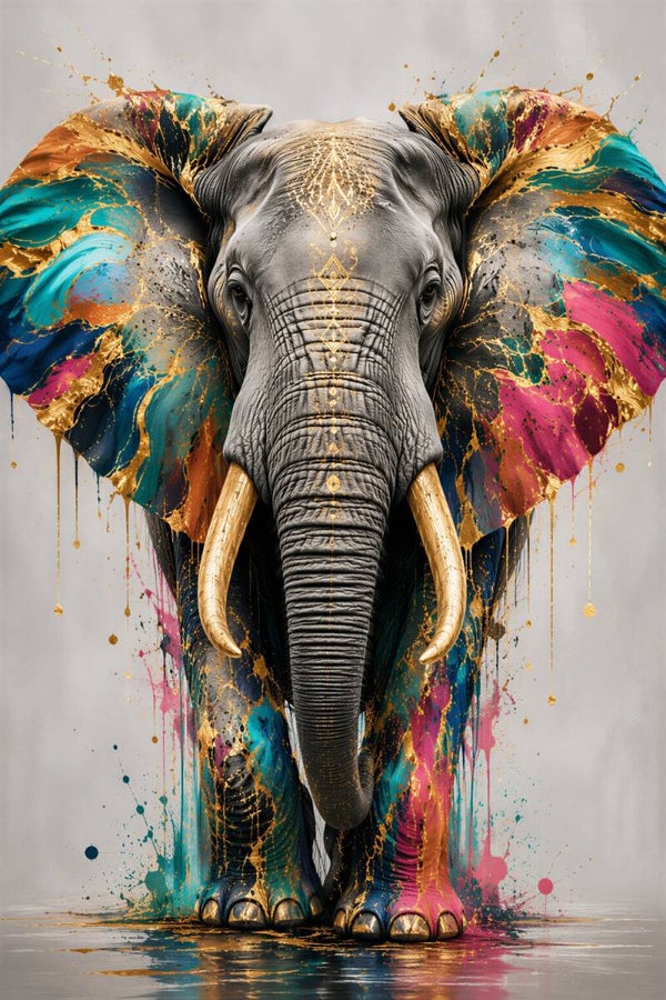 Gouden Wijsheid – olifant schilderij met kleur en goud