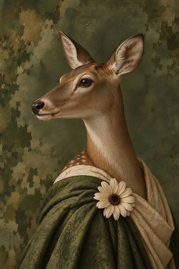Olijfgratie – hert schilderij in olijfgroen met bloem en klassieke uitstraling