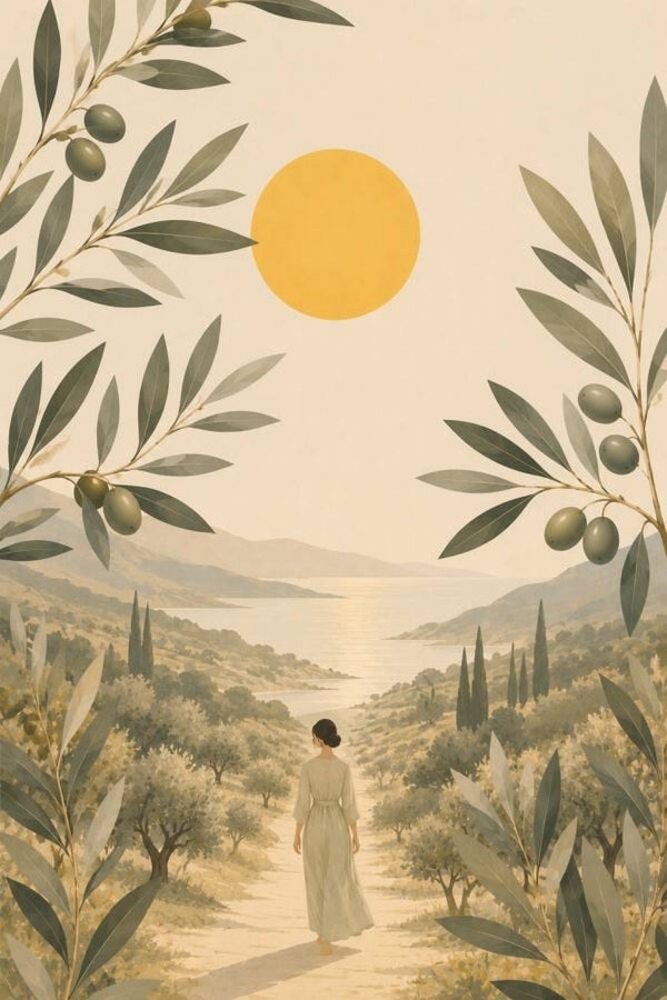 Olijfpad naar de Horizon - landschap schilderij met olijfbomen en mediterrane kust