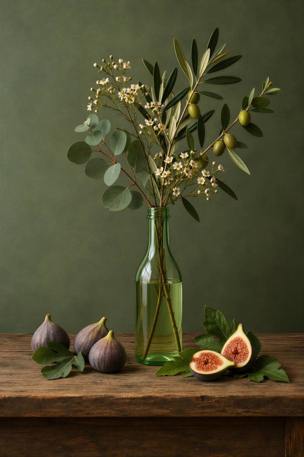 Olijftuin & Vijgen – botanisch schilderij met olijftakken en groene vaas