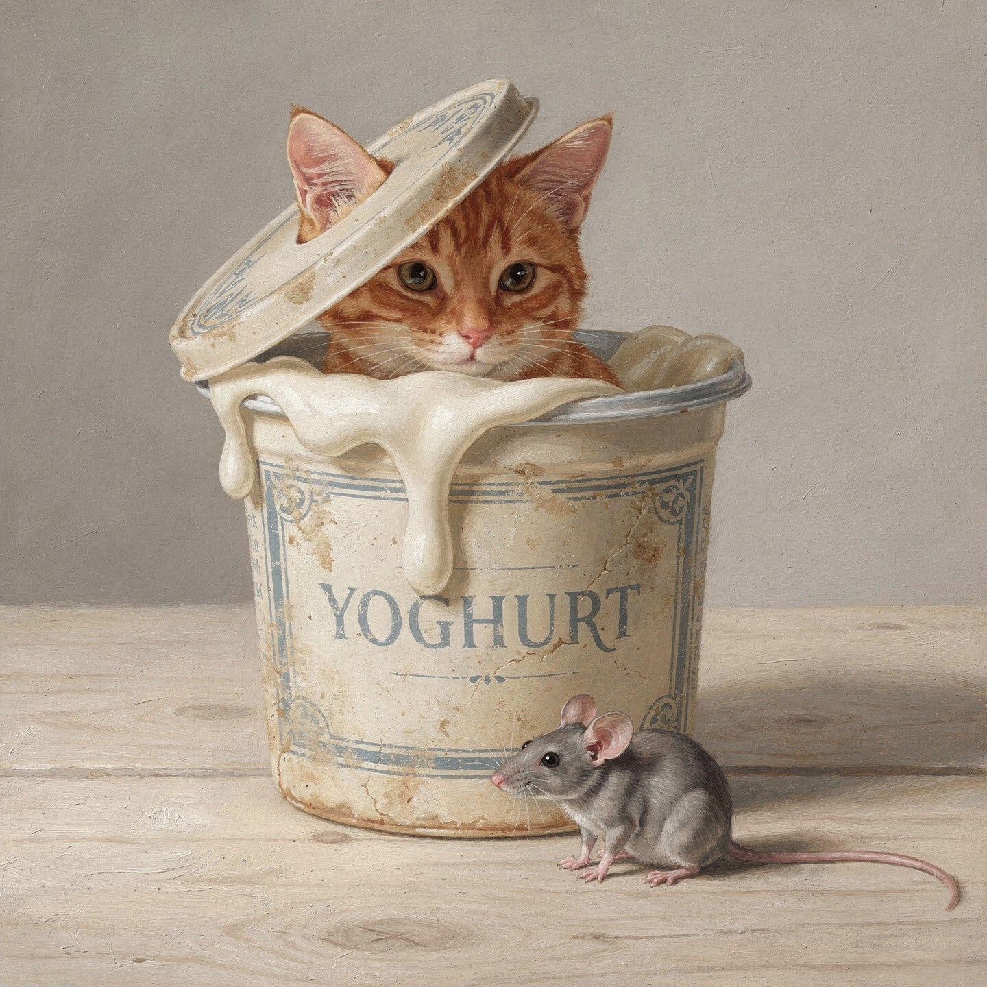 Onder het Deksel – schilderij met kat en muis in landelijke sfeer