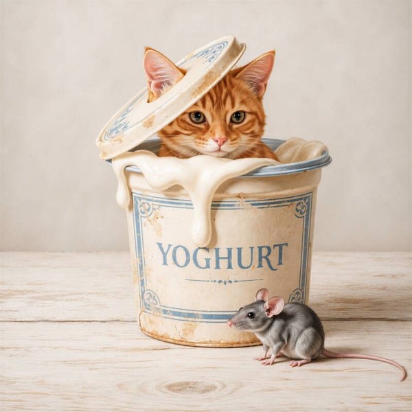 Onder het Deksel – vintage kat schilderij yoghurt pot muis