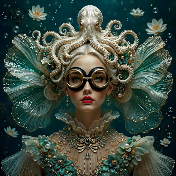 Koraalkroon – octopus schilderij met vrouw en duikbril