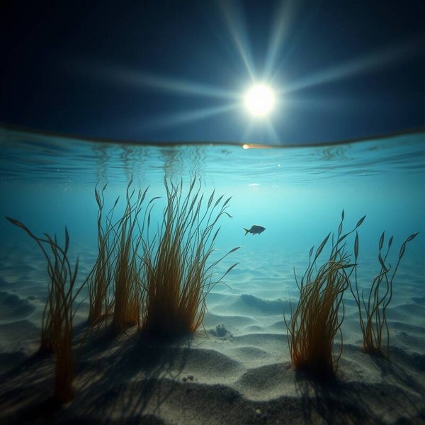 Zilverlicht – onderwater schilderij met zeegras en maanreflectie