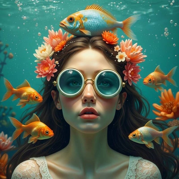 Onderwaterbloei – vrouw met duikbril en vissen
