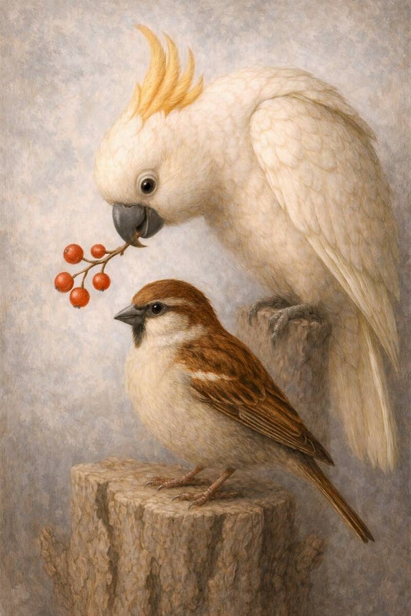 Onverwachte Vriendschap – kaketoe en mus schilderij