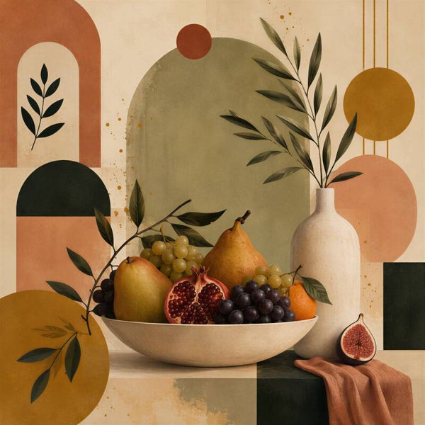 Oogst in Vorm – abstract keuken schilderij fruit groen terracotta goud