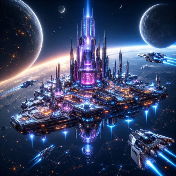 Orbital Empire – futuristische ruimtestad met ruimteschepen schilderij