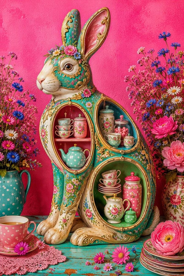 Het Bloemenservieskonijn – konijn schilderij met servies bloemen kleurrijk landelijk