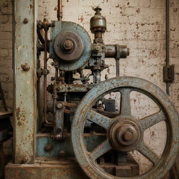 Stilstaand Vakmanschap – Oude fabrieksmachine met groot vliegwiel