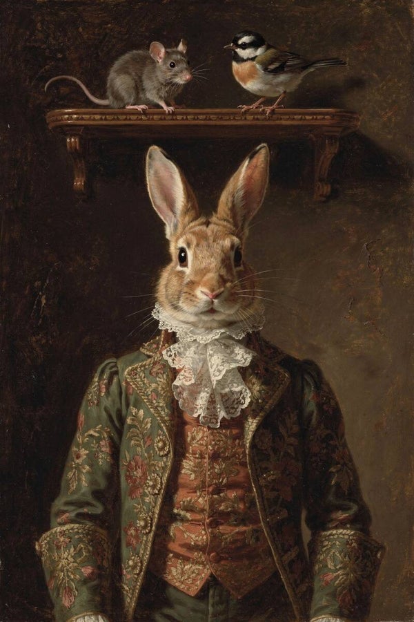 Konijn portret in barok kleding met muis en vogel – nostalgisch schilderij