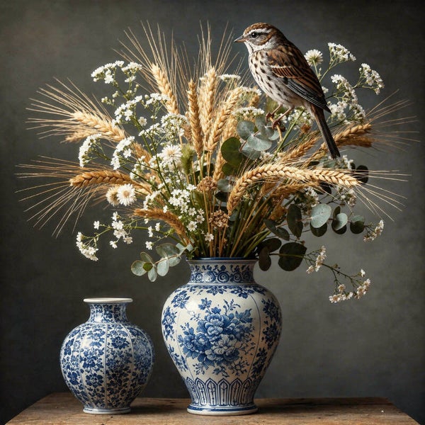 Graanlied in Blauw – botanisch schilderij met zangvogel en Delfts blauwe vaas