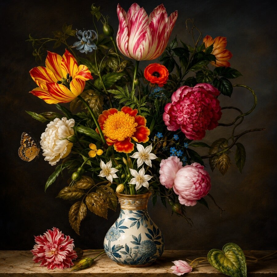 Meesters van de Bloementafel – Oude Meesters schilderij met tulpen en pioenrozen