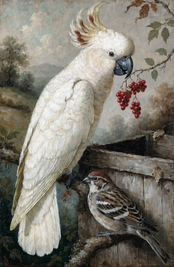 Stille Ontmoeting – landelijk schilderij met kaketoe en mus